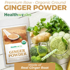 Healthworks Superfoods spoon with ginger powder ready to measure and add flavor to recipes