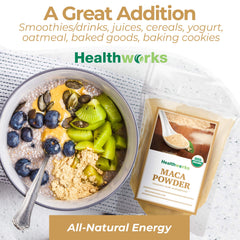 Healthworks Superfoods maca blended into a smoothie bowl for nutrient-rich breakfast