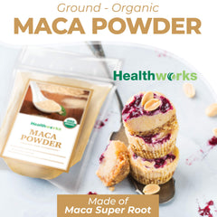 Healthworks Superfoods maca powder on spoon measuring serving for smoothies and baking
