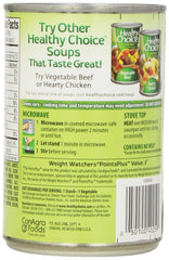 Healthy Choice Soup size comparison with hand and two 15 oz cans showing portable, shelf-stable portions