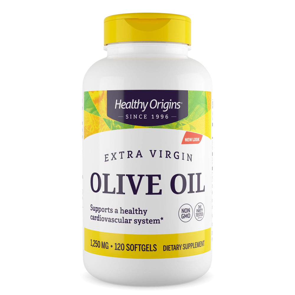 Healthy Origins front packaging showing organic olive oil softgels and benefits