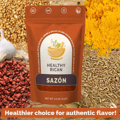 Healthy Rican spice in bowl ready to use, convenient pouch for refilling