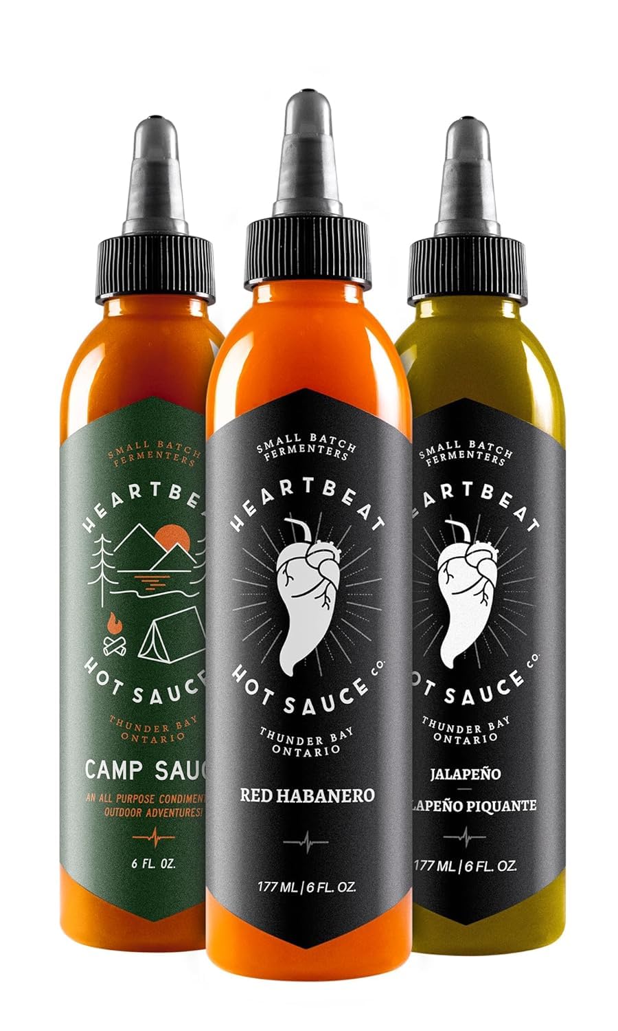 HEARTBEAT HOT SAUCE CO. three-bottle pack front view showing labels and colors, ideal for gifting