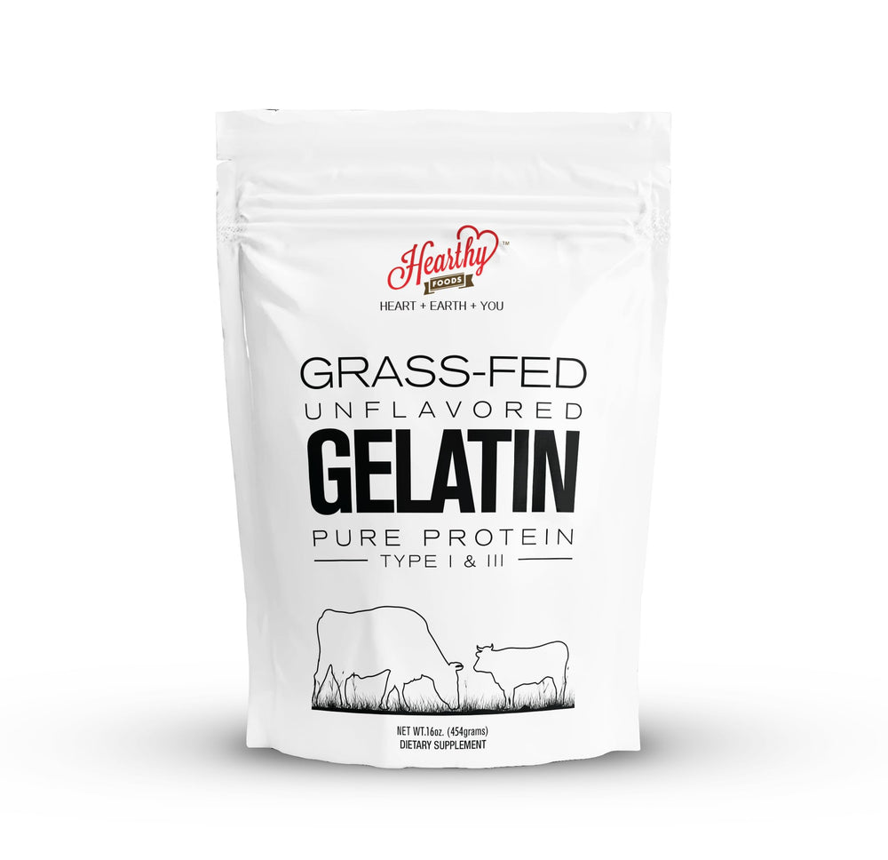 Hearthy Foods front packaging showing 16 oz jar and clean ingredient callouts for pantry convenience