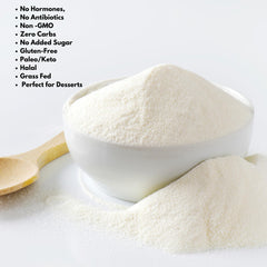 Hearthy Foods powder close-up texture showing fine, pale granules for easy dissolving