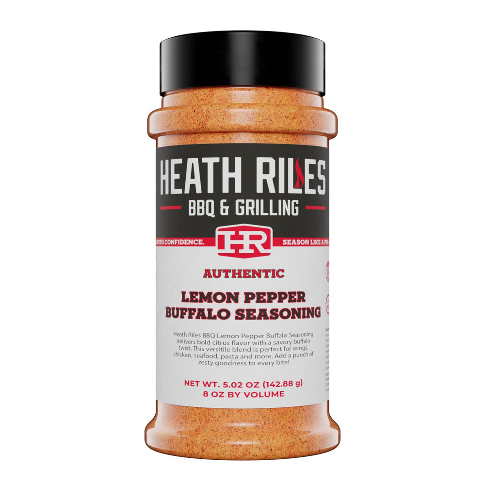 Heath Riles BBQ bottle front label showing bold lemon pepper buffalo flavor and brand