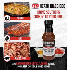 Heath Riles BBQ poured over pulled pork adding bright tangy flavor