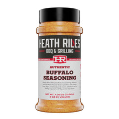 Heath Riles BBQ front jar view showing bold buffalo rub and clear labeling benefit: identifiable seasoning