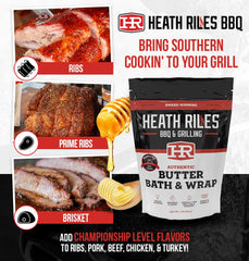 Heath Riles Butter Bath being poured over ribs, boosting moisture and flavor