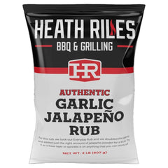 Heath Riles front label showing garlic jalapeño rub and branding benefit clarity