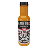Heath Riles BBQ bottle front view showing branding and glaze benefit