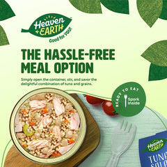 Heaven & Earth open container top view revealing tuna, beans and grains