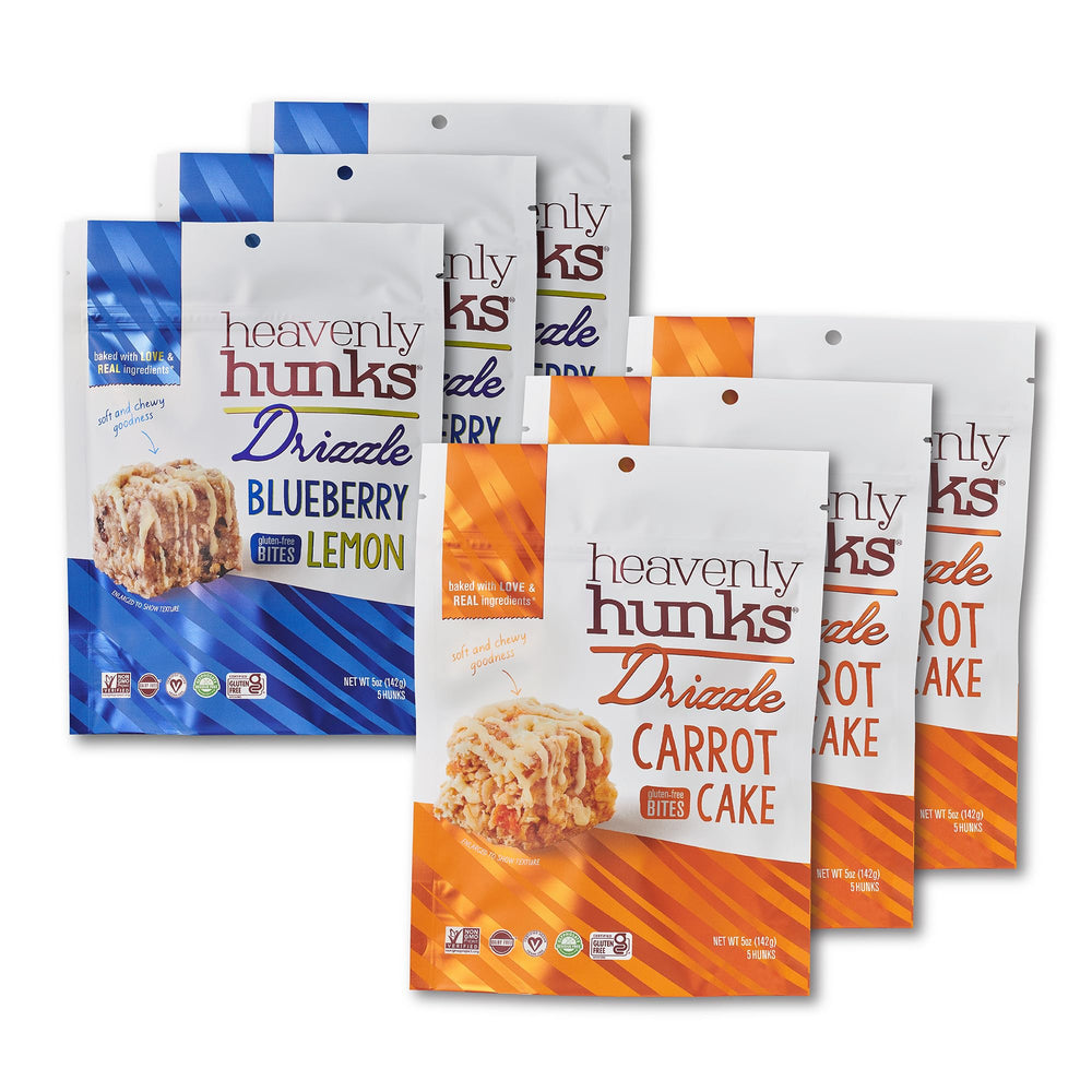 Heavenly Hunks front packaging showing six 5oz bags and variety box benefits