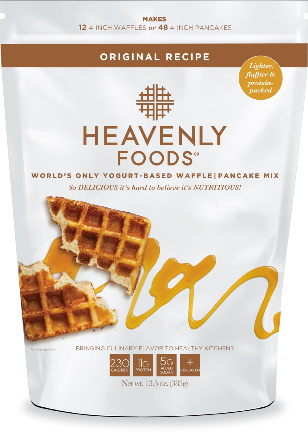 Heavenly Waffles front pouch showing product name and benefits for quick breakfast