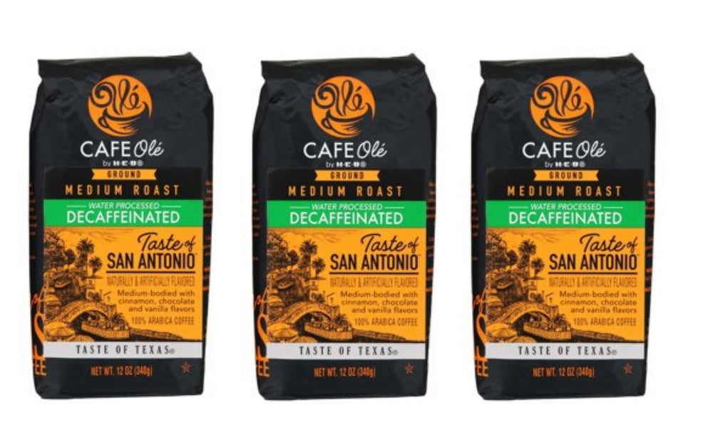 HEB Cafe Ole front packaging showing 12 oz decaf ground coffee, easy-storage benefit