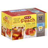 H.E.B front packaging showing 12 single cups and peach flavor benefit