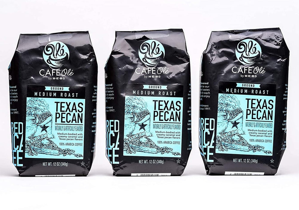 HEB Texas Pecan front packaging showing aroma and convenient three-pack benefit