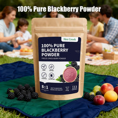 hee creek close-up of ultra-fine blackberry powder texture, easy blending benefit