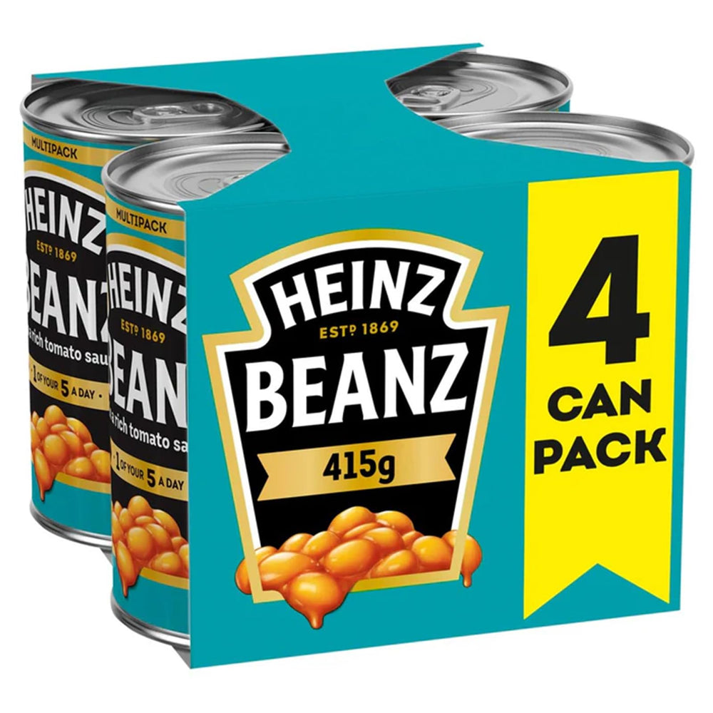 HEINZ front packaging view showing four 415g cans and quick meal convenience