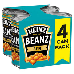 HEINZ front packaging view showing four 415g cans and quick meal convenience