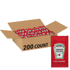 HEINZ front of case showing 200 packets and brand recognition benefit