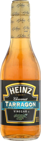 HEINZ tarragon vinegar front packaging showing six glass bottles and brand benefit of herbal flavor