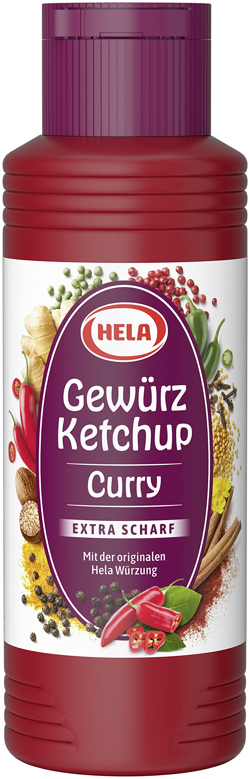 HELA bottle front view showing label and extra hot curry ketchup, adds bold spicy flavor