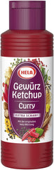 HELA bottle front view showing label and extra hot curry ketchup, adds bold spicy flavor