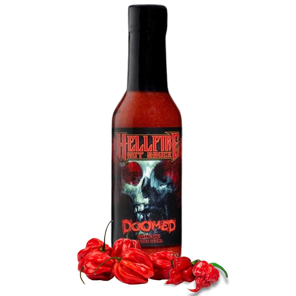Hell Fire front label showing product name and extreme heat for clear identification and shelf impact
