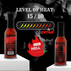 Hell Fire pouring a thin stream onto food to demonstrate concentrated heat and controlled dosing