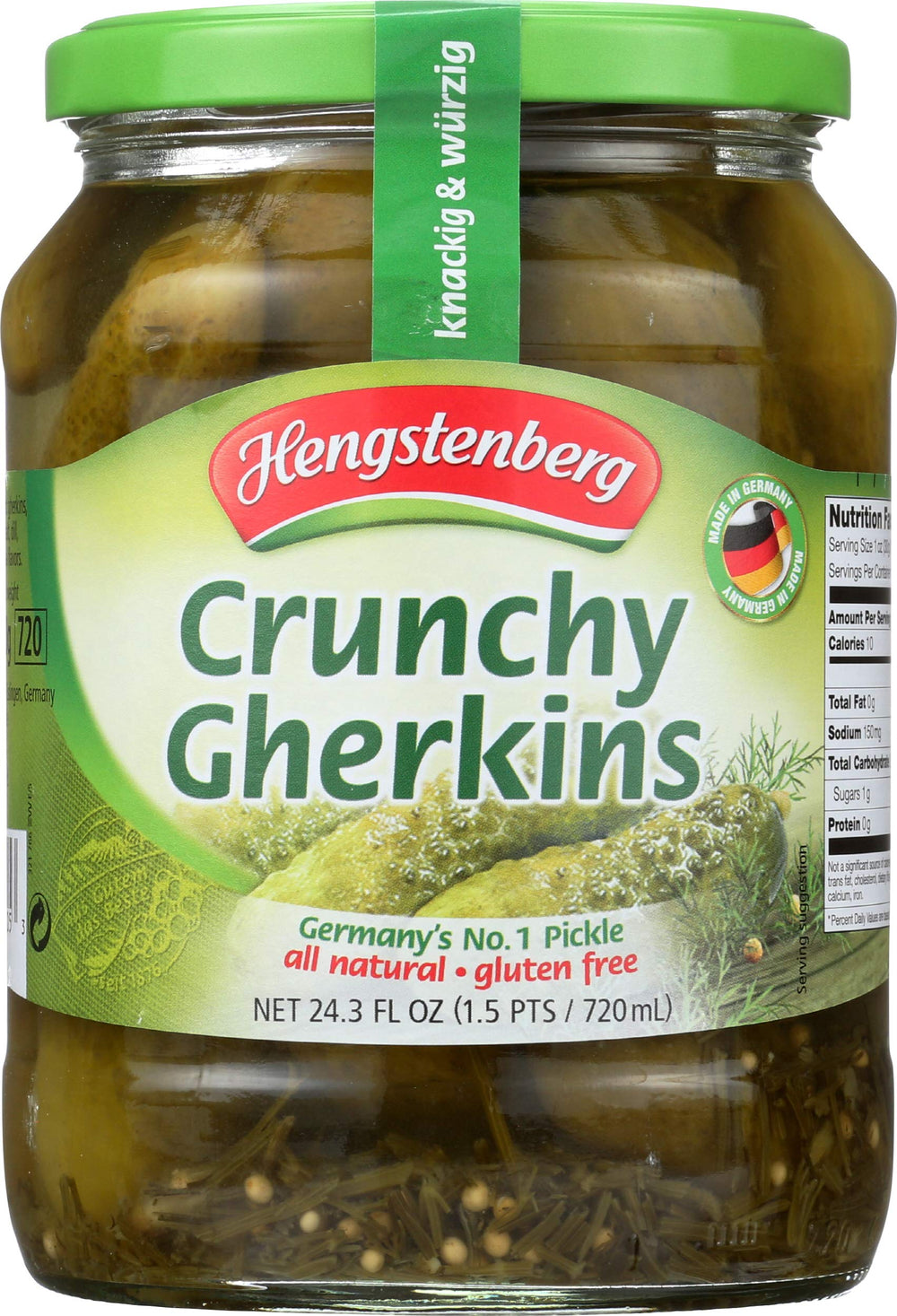 Hengstenberg jar front view showing whole gherkins, crisp texture and ready-to-use convenience