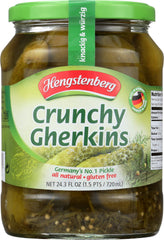 Hengstenberg jar front view showing whole gherkins, crisp texture and ready-to-use convenience