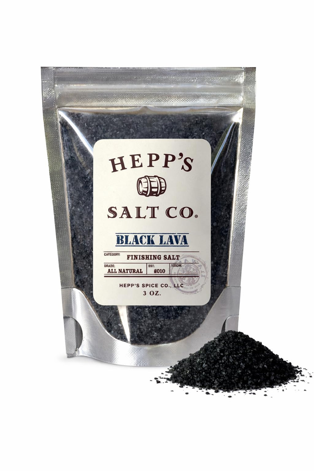 HEPP'S Salt Co. front jar view showing black lava sea salt for dramatic rims