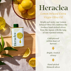 Heraclea pouring lemon infused EVOO over salad for vibrant citrus lift