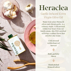 Heraclea oil texture and garlic pieces close-up for flavor intensity
