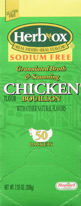 Herb-ox front packaging showing 50 sodium free chicken bouillon packets and convenience