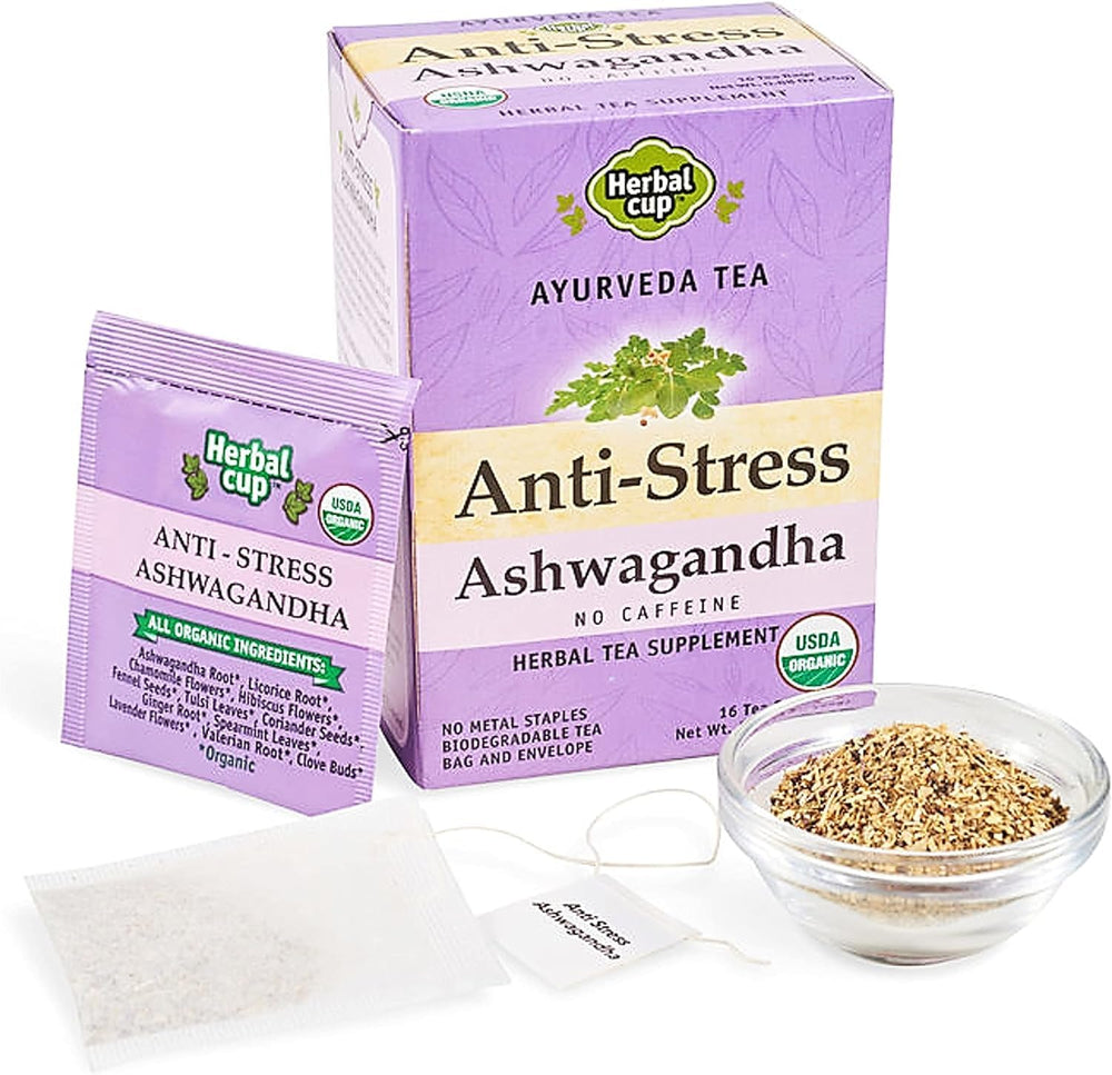 Herbal Cup front packaging showing organic ashwagandha tea benefits