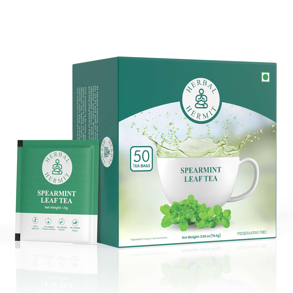 Herbal Hermit front packaging showing 50 tea bags and product benefits