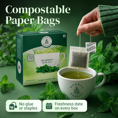 Herbal Hermit brewed spearmint tea in cup illustrating calming, caffeine-free sip