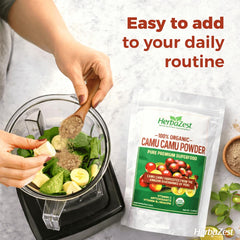 Pouring HerbaZest into a smoothie showing bright color and flavor boost