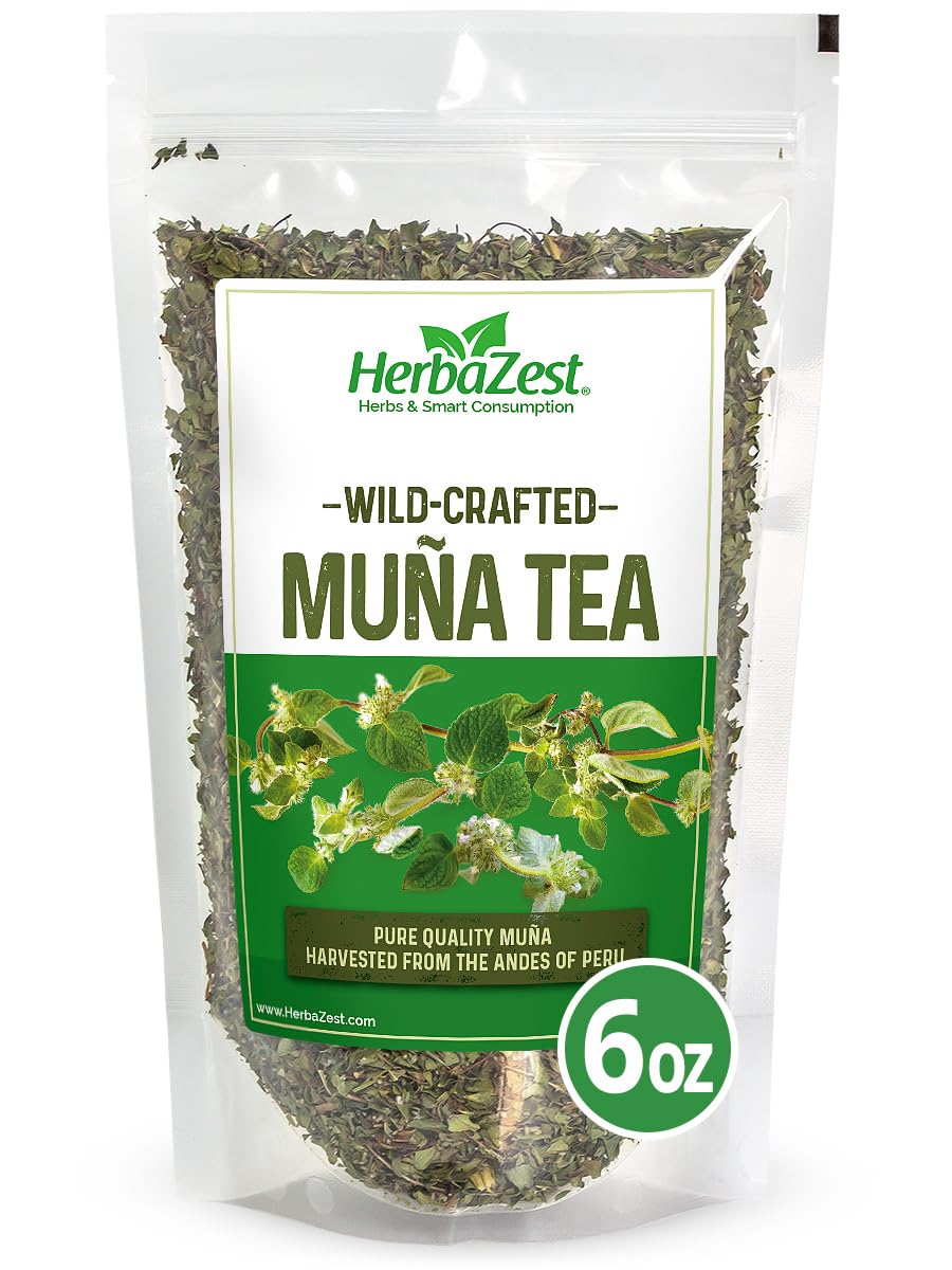 HerbaZest front packaging showing 6 oz muña tea, clean pantry-ready look