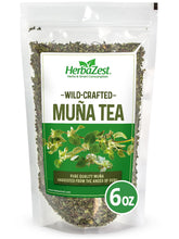 HerbaZest front packaging showing 6 oz muña tea, clean pantry-ready look