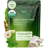 herbl front packaging showing organic lemon balm tea and benefits
