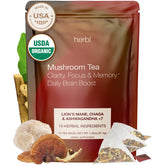 herbl front packaging showing organic brain boost tea and benefits