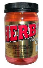 Herbs pickled eggs jar front label showing ready-to-eat tangy snack