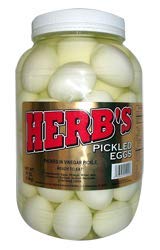 Herbs pickled eggs front packaging showing gallon jar and label for easy serving