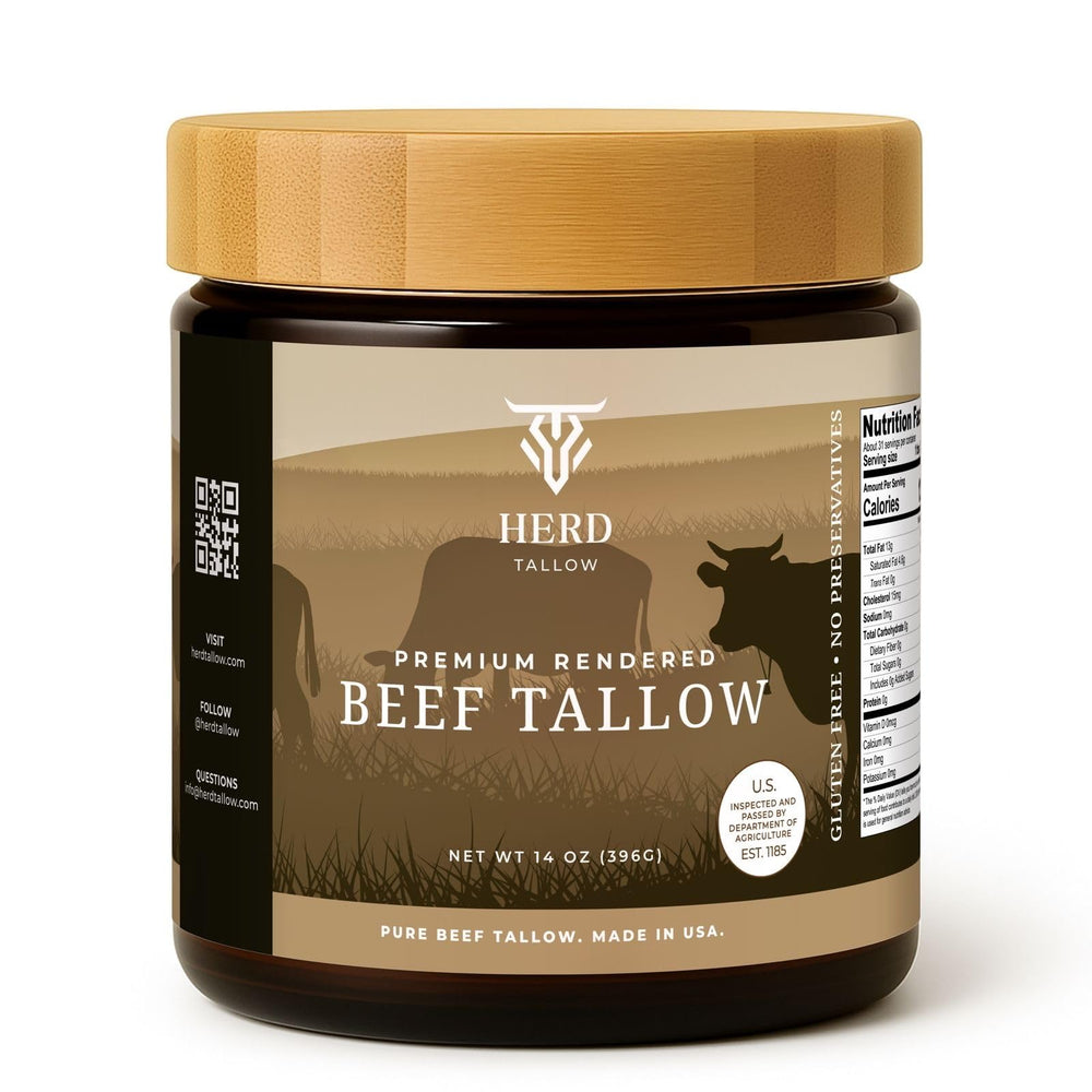 Herd Tallow jar front view showing label and resealable lid for easy use