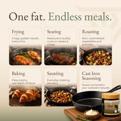 Herd Tallow melting in skillet to sear steak with stable high-heat performance