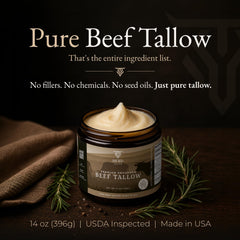 Herd Tallow spoonful next to jar to show 14 oz scale and portioning convenience