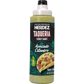 HERDEZ front packaging showing avocado cilantro label and easy-pour benefit